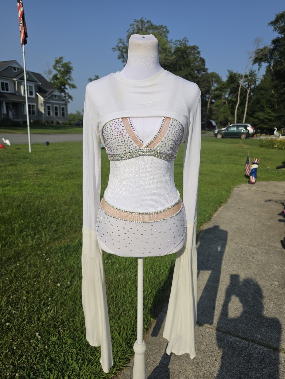 AA Dance Company white Embellished Dance Costume Top Bell Sleeves